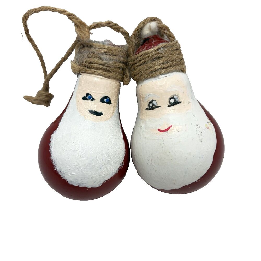 Hand Painted Santa Light Bulb Christmas Holiday Ornaments Set of 2 Rope Hook USA